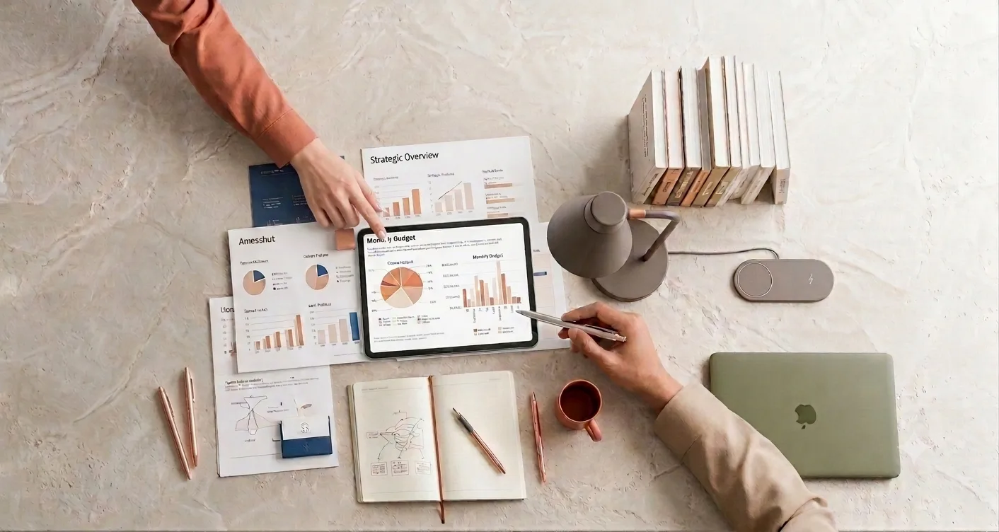 Documents d'audit de marque, diagnostic concurrentiel et roadmap marketing sur une table de travail — diagnostic marketing stratégique