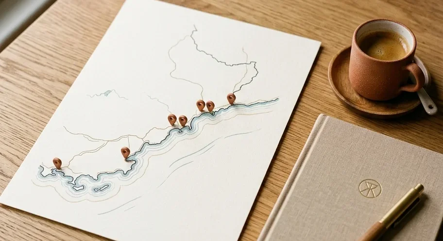 Carte imprimée du littoral de la Côte d'Azur avec des épingles terracotta sur les villes — marketing B2B local auprès des décideurs