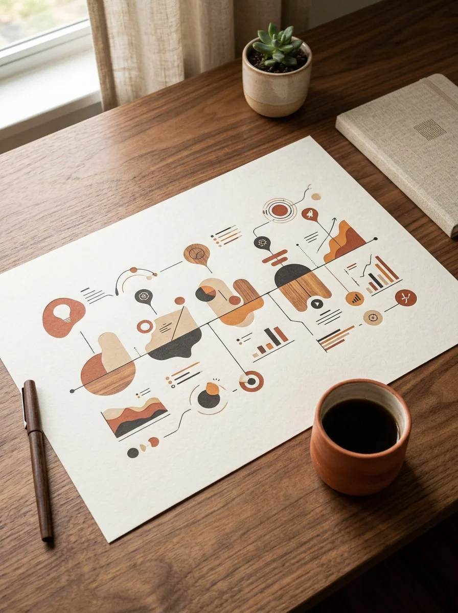 Feuille de route de lancement produit imprimée avec timeline et jalons sur un bureau en bois, tasse terracotta — stratégie Go-To-Market